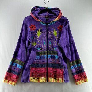 Rising International Jacket Women Sz S Boho Zip Hooded Embroidered Floral Purple
